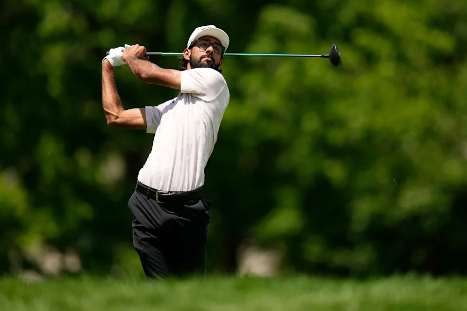 Akshay Bhatia tees off on 18 during the first round of the Memorial Tournament at Muirfield Village Golf Club in Dublin on May 29, 2025.