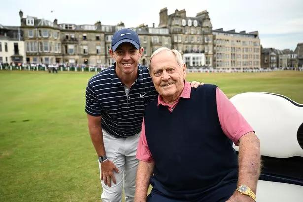 Rory McIlroy of Northern Ireland and Jack Nicklaus of the United States pose for a photo.