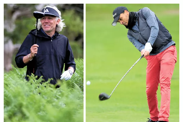 Jimmy Bullard in heavy rough during Open qualifying and, right, Peter Odemwingie on the course
