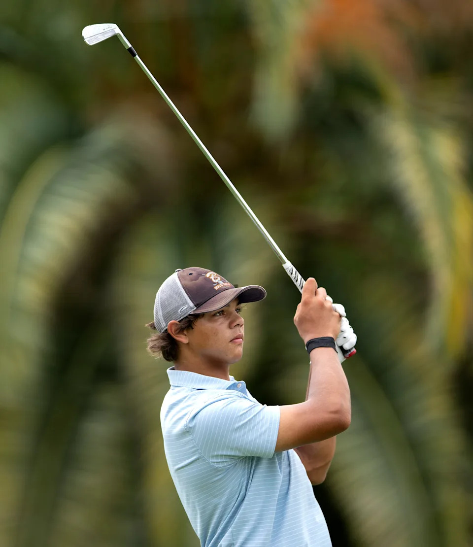 Charlie Woods watches his shot during the first round of the108th Amateur Championship at BallenIsles Country Club on June 5, 2025, in Palm Beach Gardens, Florida.
