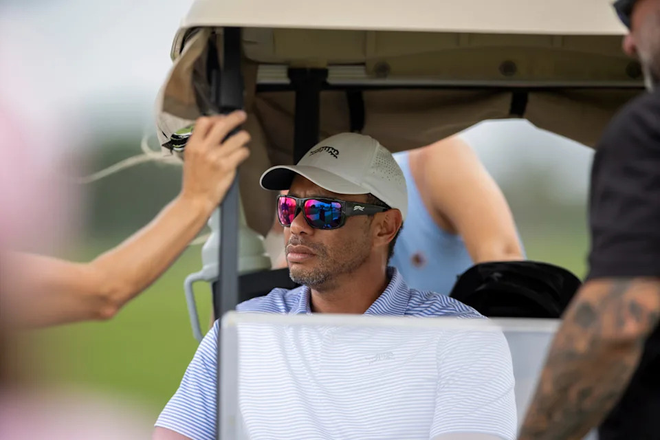 Tiger Woods watches his son, Charlie Woods play during the first round of the108th Amateur Championship at BallenIsles Country Club on June 5, 2025, in Palm Beach Gardens, Florida.