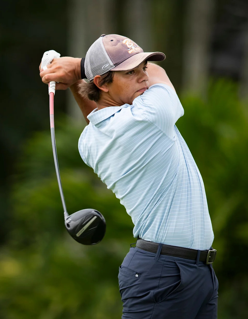 Charlie Woods tees off during the first round of the108th Amateur Championship at BallenIsles Country Club on June 5, 2025, in Palm Beach Gardens, Florida.