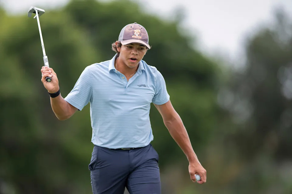 Charlie Woods reacts to his putting during the first round of the108th Amateur Championship at BallenIsles Country Club on June 5, 2025, in Palm Beach Gardens, Florida.