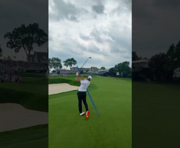 World No. 1 takes on the finishing hole at Oakmont.