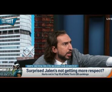 FIRST THINGS FIRST | Nick Wright SCREAMS Defending Jalen Hurts Over Herbert | NFL