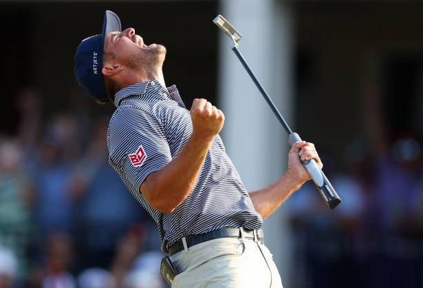 Bryson DeChambeau reacts to his winning putt on the 18th green by yelling during the final round of the 124th U.S. Open at Pinehurst Resort on June 16, 2024