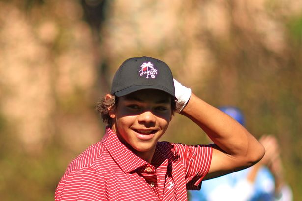 Charlie Woods reacts after holing out on the fourth hole during the second round of the PNC Championship at Ritz-Carlton Golf Club