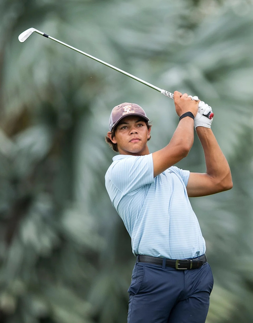 Charlie Woods tees off on the 4th hole during the first round of the108th Amateur Championship at BallenIsles Country Club on June 5, 2025, in Palm Beach Gardens, Florida.