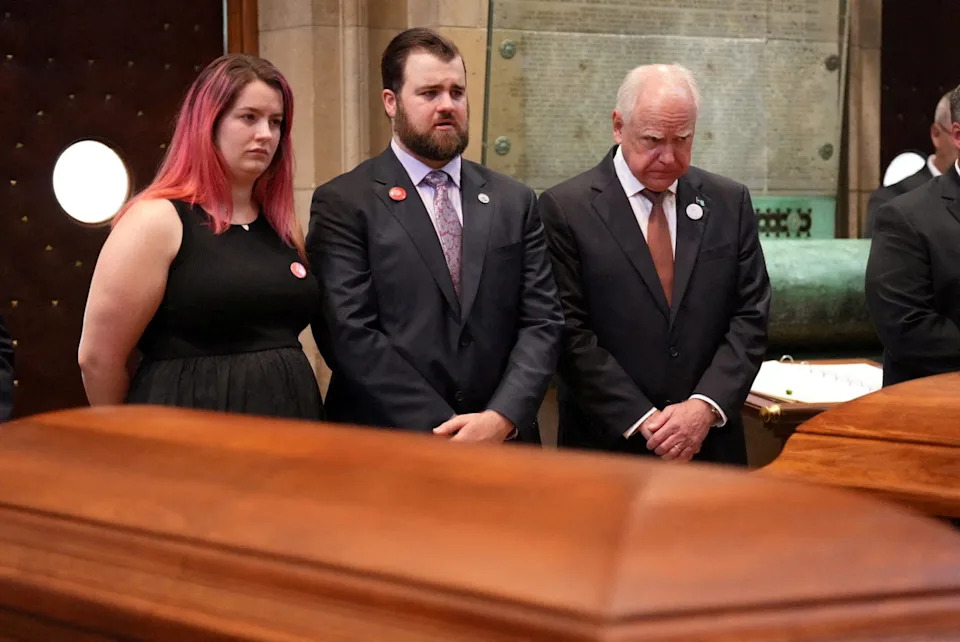 The service was attended by the Hortmans’ children, Sophie and Colin, with a eulogy given by Minnesota Gov. Tim Walz. / Alex Kormann / via REUTERS