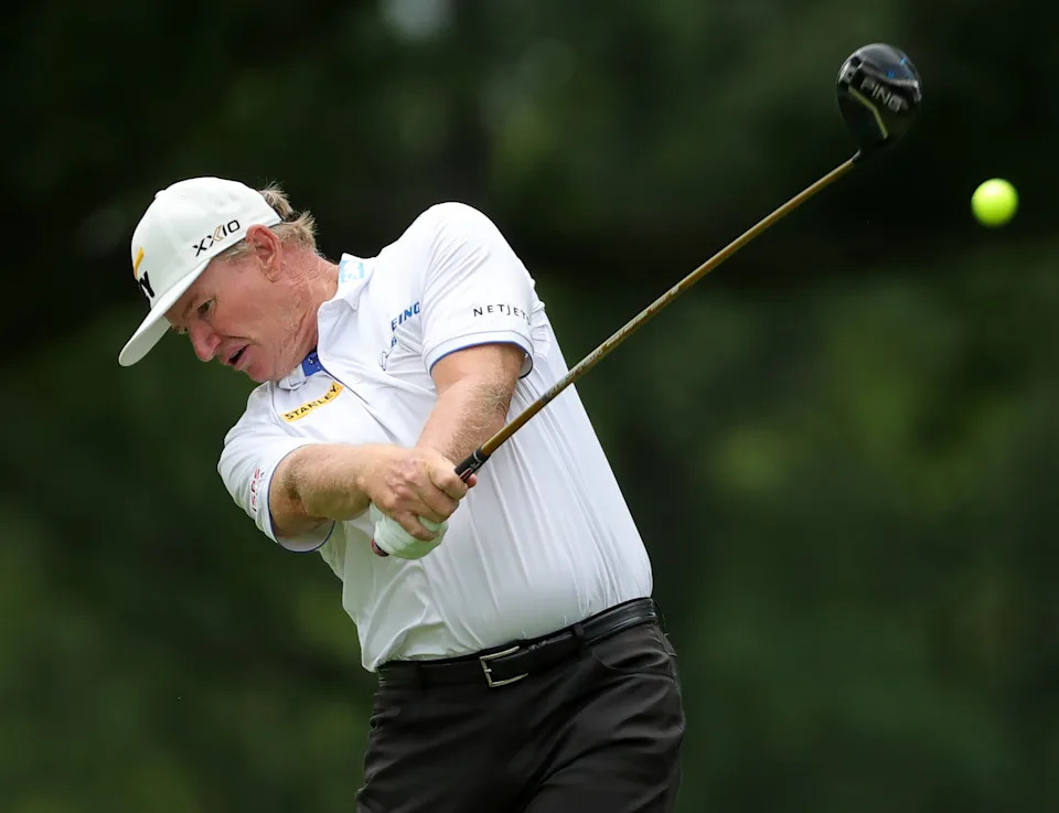 Ernie Els of South Africa sends his ball down the No. 3 fairway during the first round of the 2025 Kaulig Companies Championship at Firestone Country Club, Thursday, June 19, 2025, in Akron, Ohio.