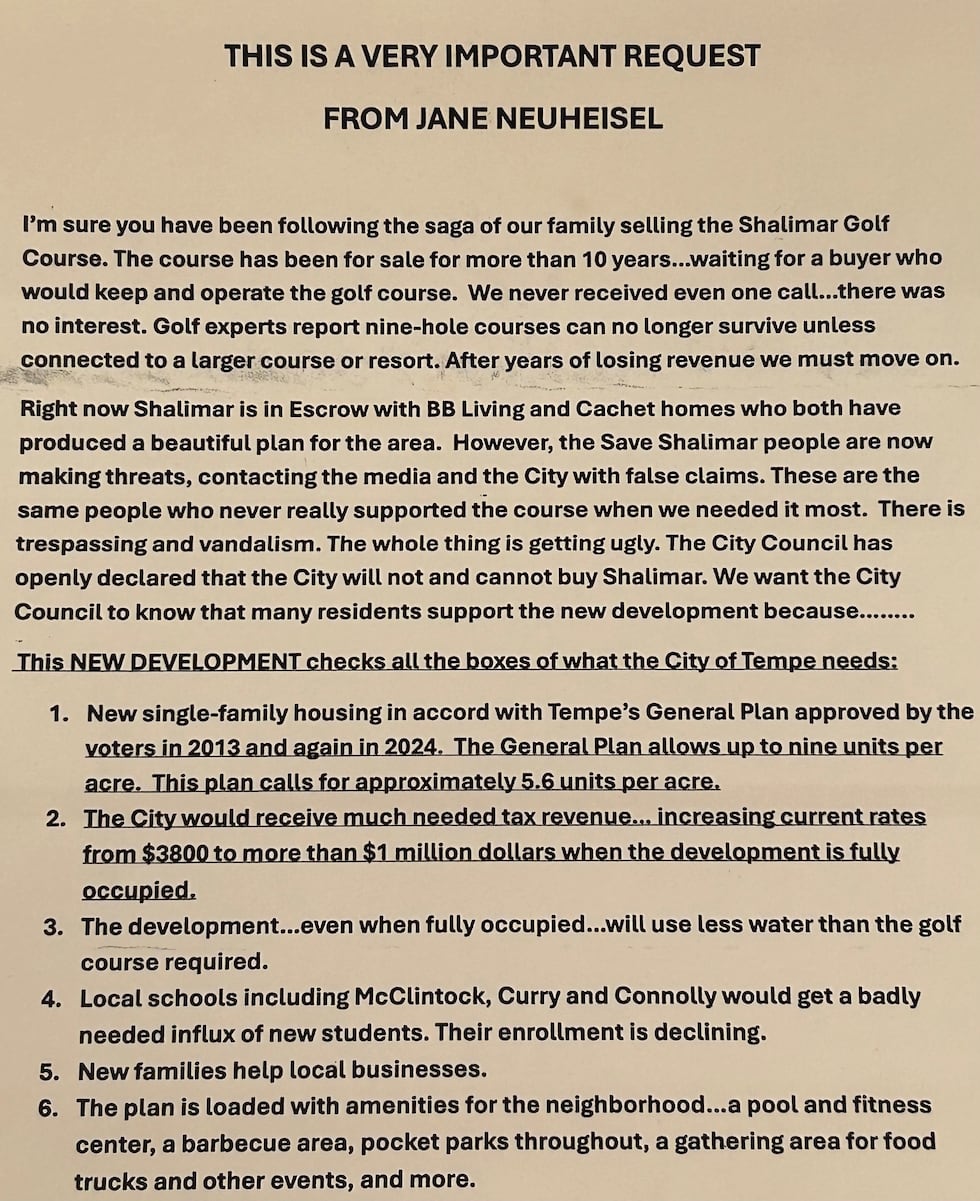 Jane Neuheisel sent a letter saying the developers have a "beautiful" plan for the area.