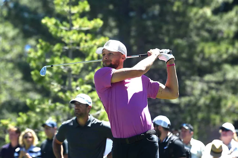 Steph Curry tees off during the American Century Championship at the Edgewood Tahoe Golf Course.© JASON BEAN&sol;RGJ via Imagn Content Services&comma; LLC