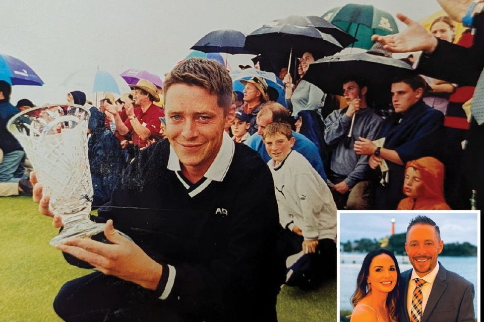 MAIN: 22-year-old Waterville native Mark Murphy pictured in 2000 after winning the top Amateur award at the Murphy's Irish Open at Ballybunion Golf Club.

INSET: Mark pictured in the present day with his wife Larra. The couple now live in Jupiter, Florida with their children.