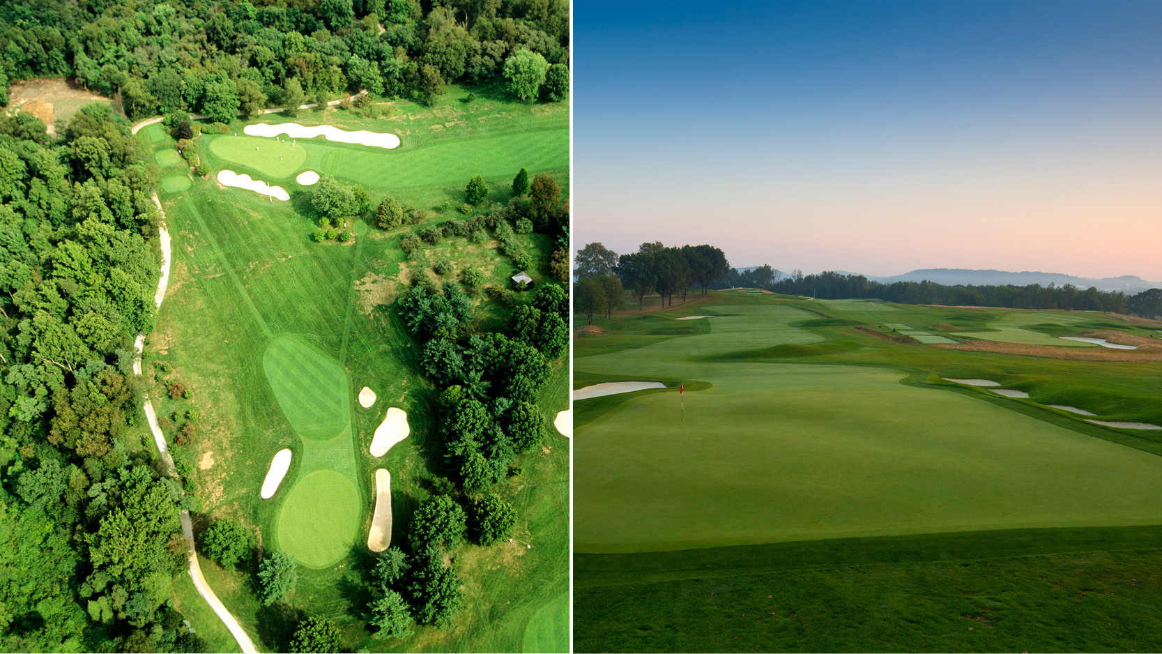 (Left) an aerial shot of Oakmont Country Club in 1993 and (right) a general view of Oakmont in 2025