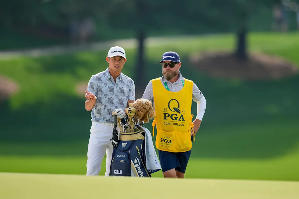 May 16, 2025; Charlotte, North Carolina, USA; Collin Morikawa talks with his caddie about his putt on the fifteenth hole during the second round of the PGA Championship golf tournament at Quail Hollow. Mandatory Credit: Aaron Doster-Imagn Images