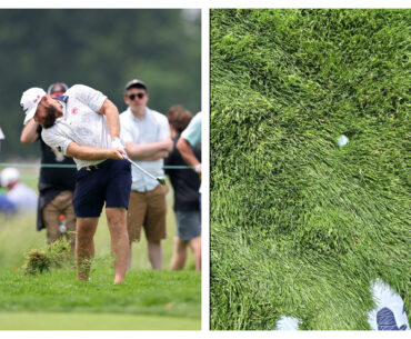 Tyrell Hatton striking a ball out of the rough at Oakmont Country Club and a bird's-eye visual of what the ball looks like in the rough