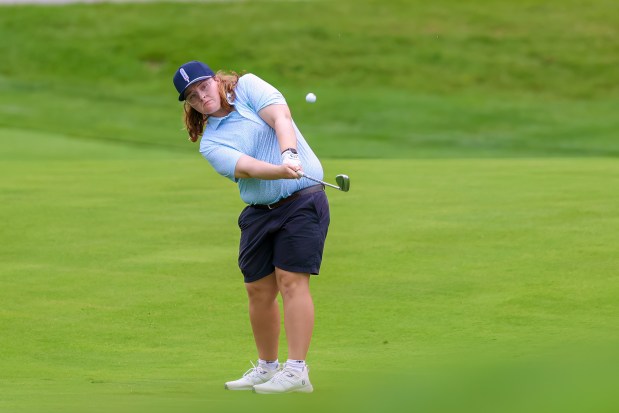 Molly Smith of Mt. Pleasant Golf Club hits a chip shot on the first hole during the opening round of the 100th Lowell City Golf Tournament on Wednesday at Vesper Country Club in Tyngsboro. Smith finished even par. (James Thomas for the Lowell Sun)