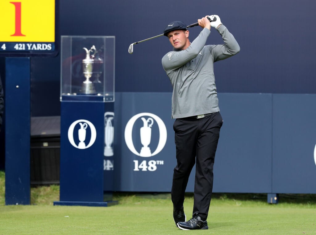Bryson DeChambeau hits a tee shot at The Open in 2019 at Royal Portrush