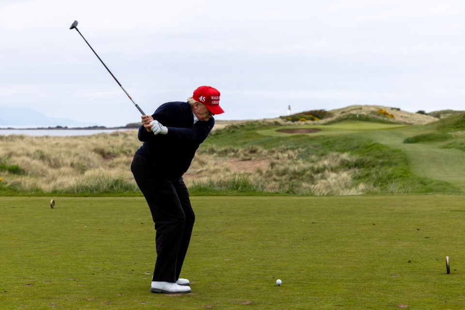 TURNBERRY, SCOTLAND - MAY 02: Former U.S. President Donald Trump during a round of golf at his Turnberry course on May 2, 2023 in Turnberry, Scotland. Former U.S. President Donald Trump is visiting his golf courses in Scotland and Ireland. Back in the United States, he faces legal action on 34 counts of falsifying business records. (Photo by Robert Perry/Getty Images)