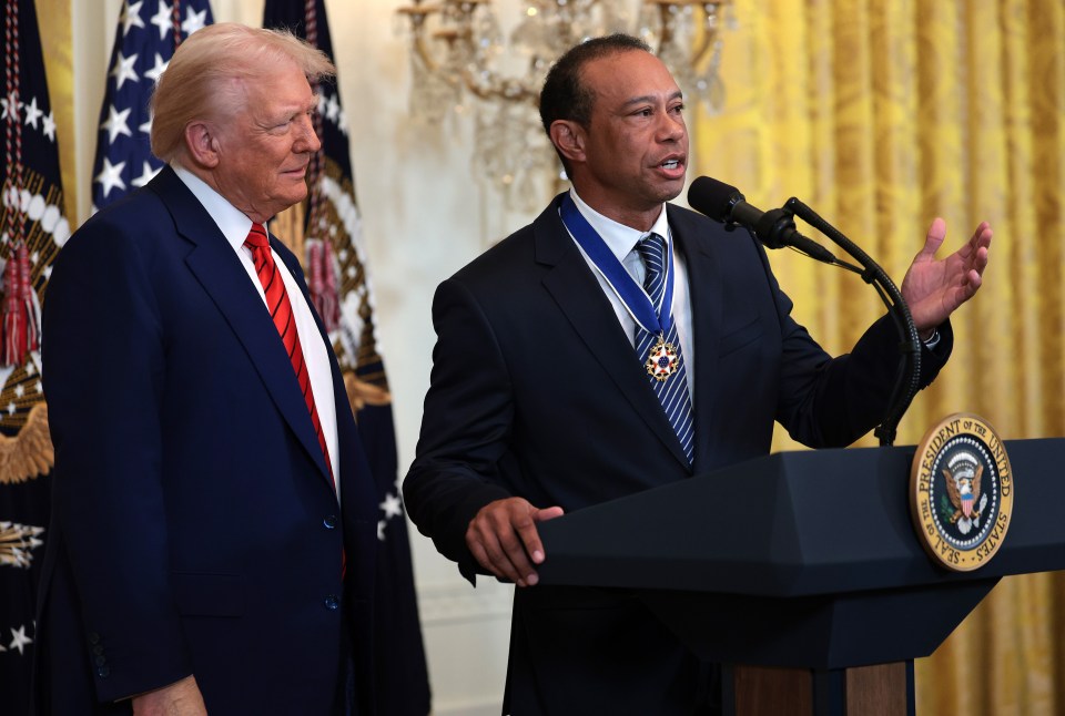 WASHINGTON, DC - FEBRUARY 20: Gold legend Tiger Woods speaks alongside U.S. President Donald Trump during a reception honoring Black History Month in the East Room of the White House on February 20, 2025 in Washington, DC. The Black History Month celebration comes as Trump has signed a series of executive orders ending federal diversity, equity and inclusion (DEI) programs and cutting funding to schools and Universities that do not cut DEI programs. (Photo by Win McNamee/Getty Images)