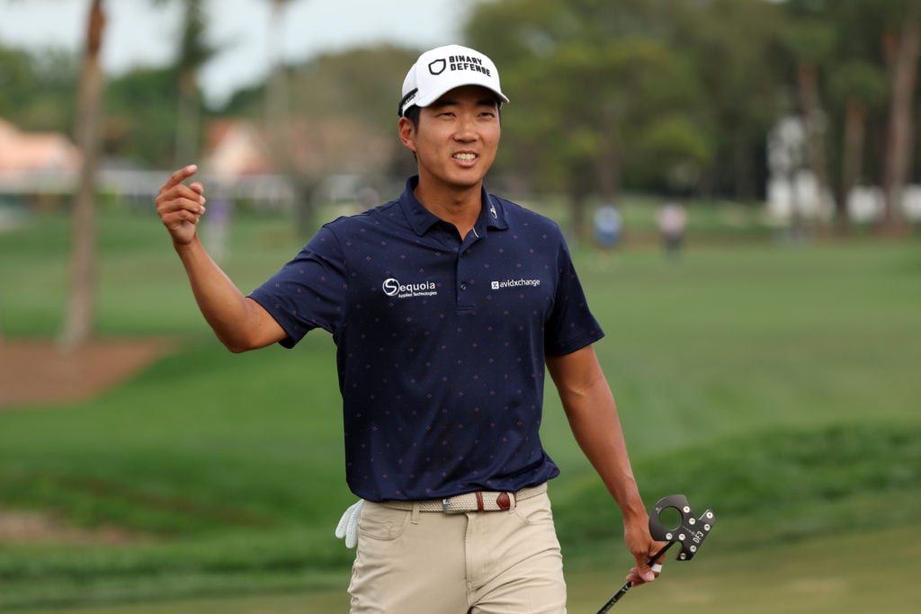 Michael Kim celebrates during the third round of the Cognizant Classic In The Palm Beaches