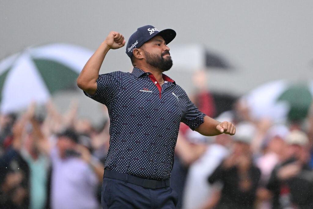 J.J. Spaun celebrates on the 18th green at Oakmont after winning the US Open
