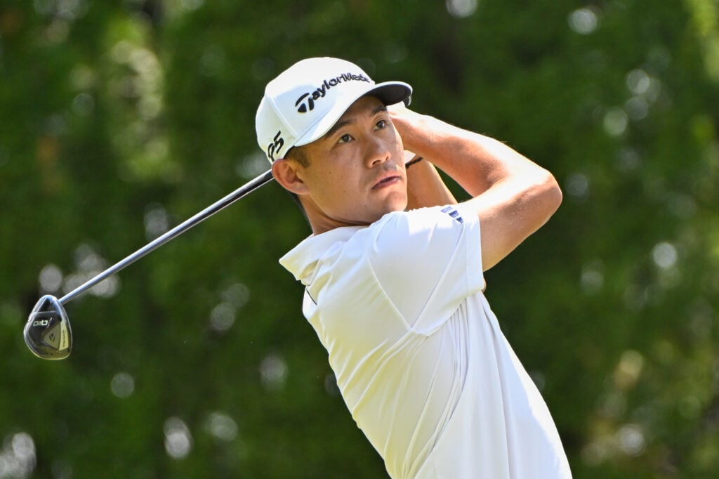 Collin Morikawa hits a tee shot during the third round of the Travelers Championship