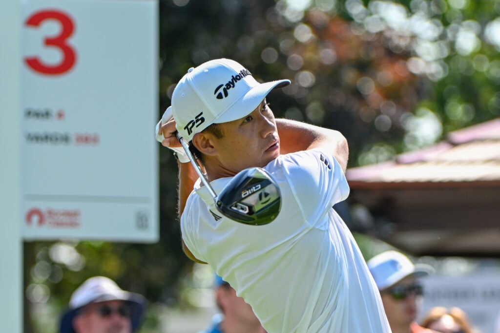 Collin Morikawa hits his tee shot during the first round of the Rocket Classic