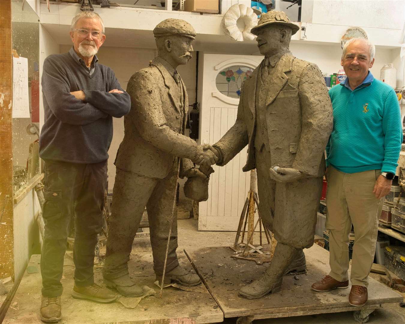 Sculptor David Annand (left) and Professor David Bell, past captain of Royal Dornoch, pictured with the clay model of the statue of Highland icons Donald Ross and John Sutherland, which will feature at the entrance to the new clubhouse. Picture: Liz Rankin