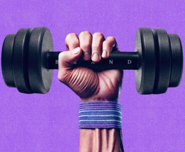 A hand rising from the bottom of the image holds a weight inscribed with the word 'brand,' symbolizing the effort of lifting and strengthening a brand, in line with influencer marketing’s role in brand lift and advocacy.