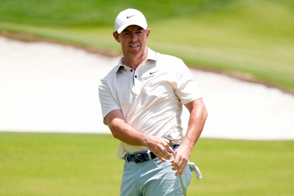 May 18, 2025; Charlotte, North Carolina, USA; Rory McIlroy watches his shot on the 15th hole during the final round of the PGA Championship golf tournament at Quail Hollow. Mandatory Credit: Jim Dedmon-Imagn Images