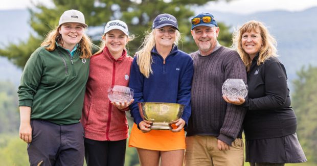 Morgan Smith, center, poses with her family after winning the 2023 New England Women's Am title. From left, sister, Molly, who finished one shot back, sister, Maddie, father, Phil, and mother, Lynn. (Teddy Doggett photo)