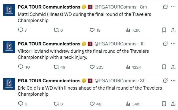 Three players withdrew Sunday at TPC River Highlands during the final round of the 2025 Travelers Championship.