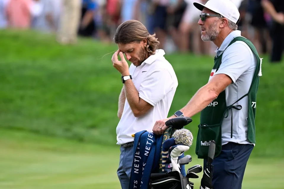 Tommy Fleetwood reacts on the 72nd hole of the Travelers Championship on June 23, 2025. AP