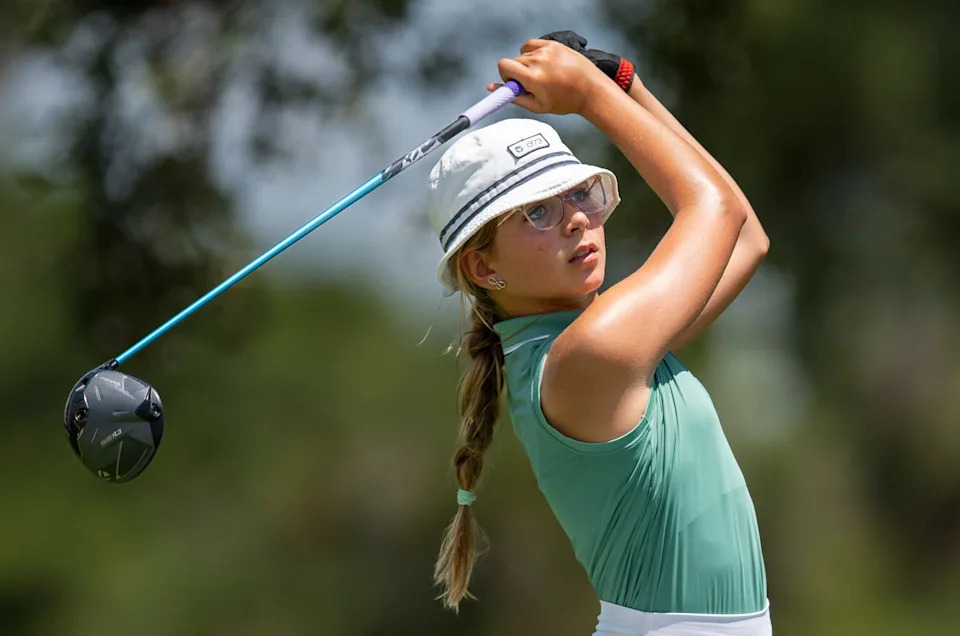 Lake Worth's Bella Simoes tees off during the 41st Nicklaus Junior Championship at the Tequesta Country Club on June 23, 2025 in Tequesta, Florida.