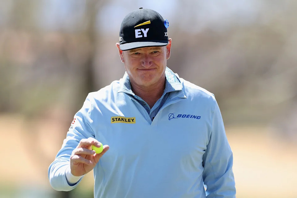Ernie Els reacts to a parr putt on the first hole during the second round of the 2025 Cologuard Classic at La Paloma Country Club in Tucson, Arizona.