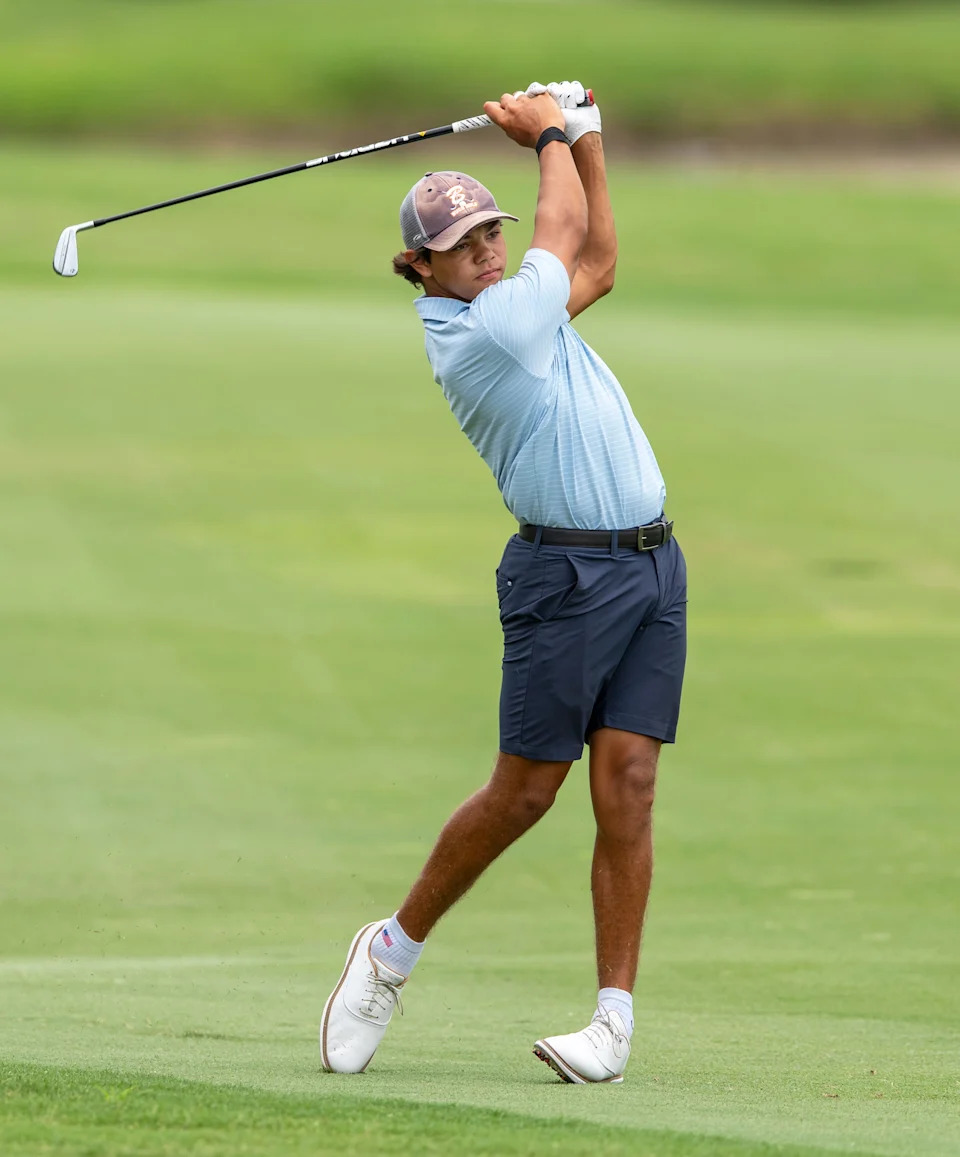 Charlie Woods hits the ball from the fairway during the first round of the108th Amateur Championship at BallenIsles Country Club on June 5, 2025, in Palm Beach Gardens, Florida.