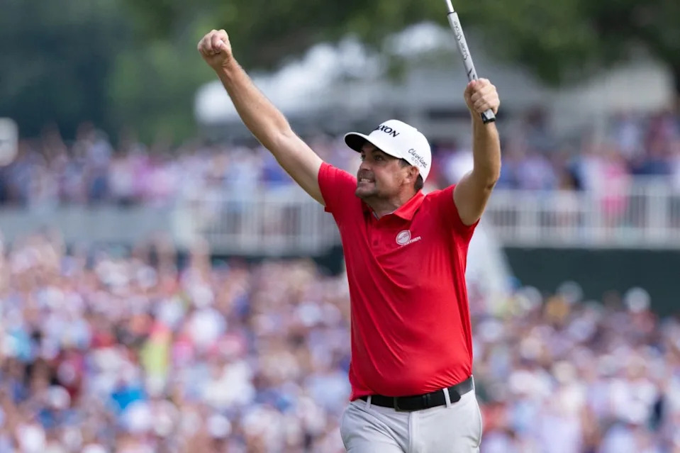 Keegan Bradley celebrates winning the Travelers Championship. IMAGN IMAGES via Reuters Connect