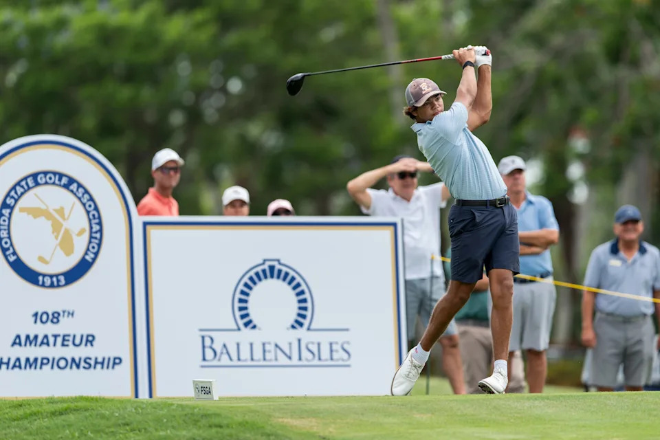 Charlie Woods tees off on the 18th hole at the108th Amateur Championship at BallenIsles Country Club on June 5, 2025, in Palm Beach Gardens, Florida.