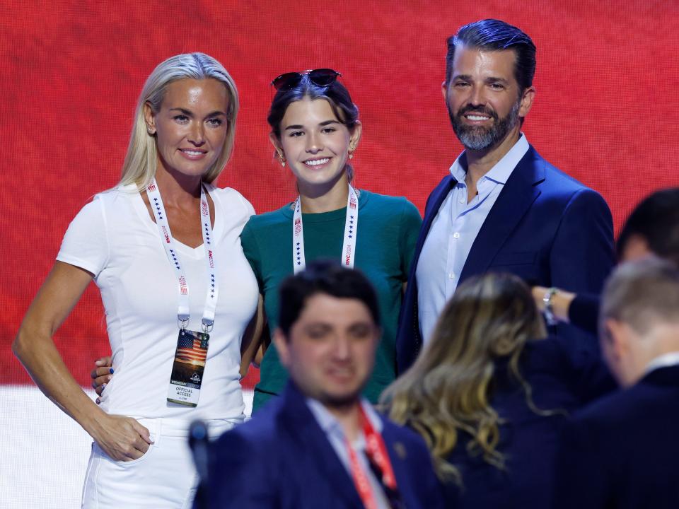 Vanessa Trump, Kai Trump and Donald Trump Jr., stand on stage before the start of the third day of the Republican National Convention at the Fiserv Forum on July 17, 2024