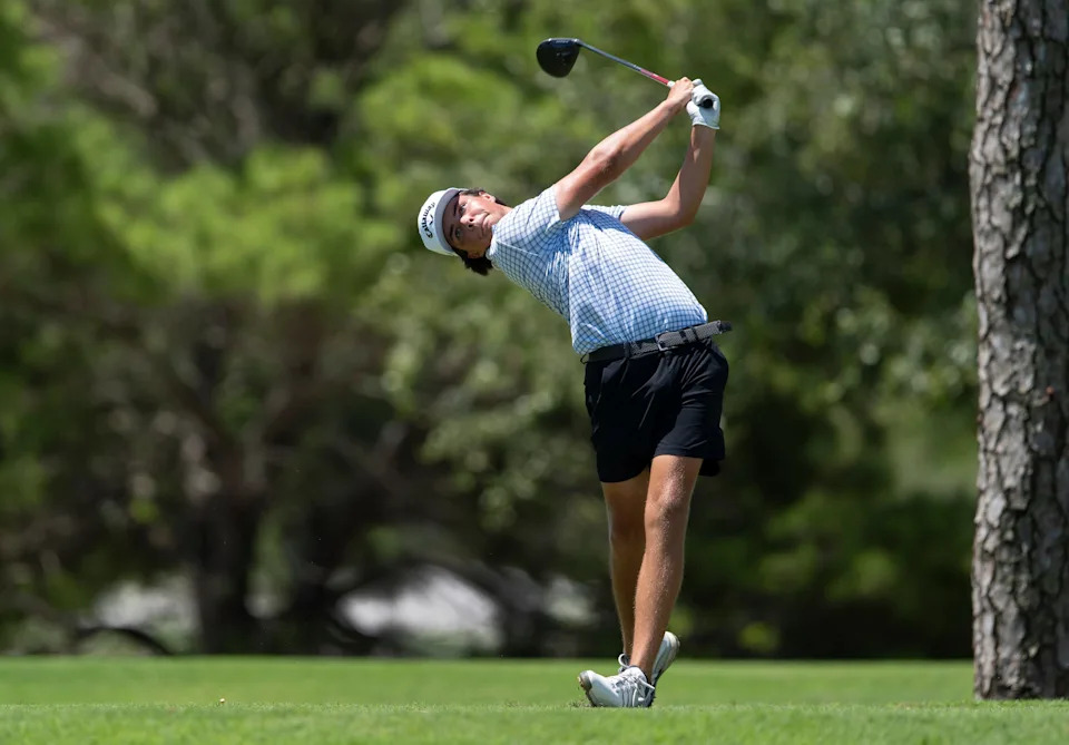 Tristan Rhodenizer tees off during the 41st Nicklaus Junior Championship at the Tequesta Country Club on June 23, 2025 in Tequesta, Florida.