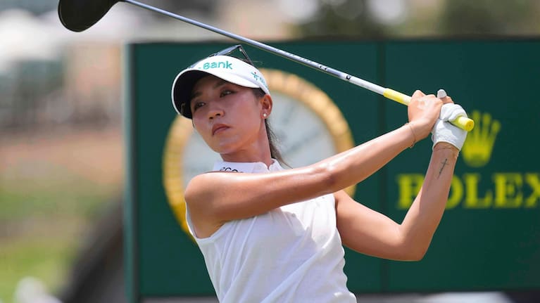 Lydia Ko watches her tee shot on the 10th hole during the second round of the Women's PGA Championship golf tournament Friday, June 20, 2025, in Frisco, Texas