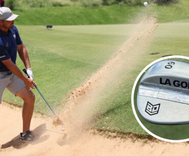 Bryson DeChambeau hits a bunker shot and an LA Golf wedge in the corner