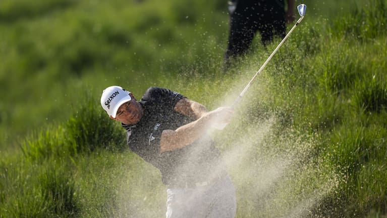 New Zealand's Ryan Fox hits a shot out of the bunker on the 18th hole during a playoff hole in the final round of the RBC Canadian Open in Caledon, Ontario.