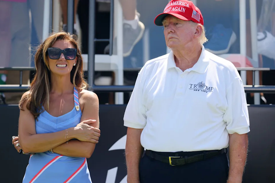 BEDMINSTER, NEW JERSEY - AUGUST 13: Former President Donald Trump and Attorney Alina Habba at the first tee during day three of the LIV Golf Invitational - Bedminster at Trump National Golf Club on August 13, 2023 in Bedminster, New Jersey. (Photo by Mike Stobe/Getty Images)Mike Stobe&sol;Getty Images