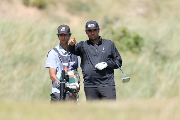 Eugenio Chacarra of Spain and caddie Hugo Gonzalez during the pro-am prior to the Genesis Scottish Open 2025 at The Renaissance Club on July 09, 2025 in North Berwick, Scotland