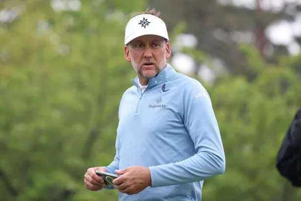Ian Poulter of Majesticks GC reacts on the 4th hole on day two of LIV Golf Korea at Jack Nicklaus GC Korea on May 03, 2025