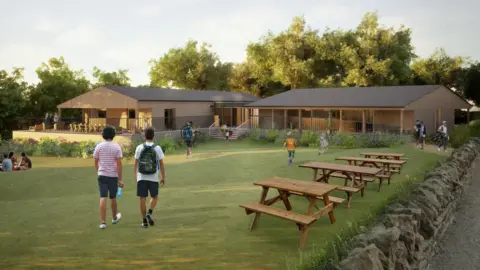 Cleeve Hill Golf Club A computer-generated image of a timber clad golf clubhouse surrounded by trees and a lawn on a summer evening. There are people using the outdoor space, which has benches and is surrounded by a Cotswold stone-style wall.
