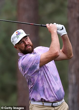 The Chiefs star hits his tee shot on the seventh hole of last year's competition