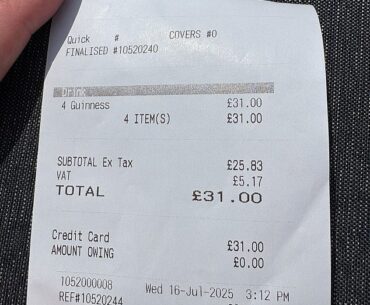 Four pints of Guinness will set back fans a hefty £31, working out at a total of £7.75 per drink